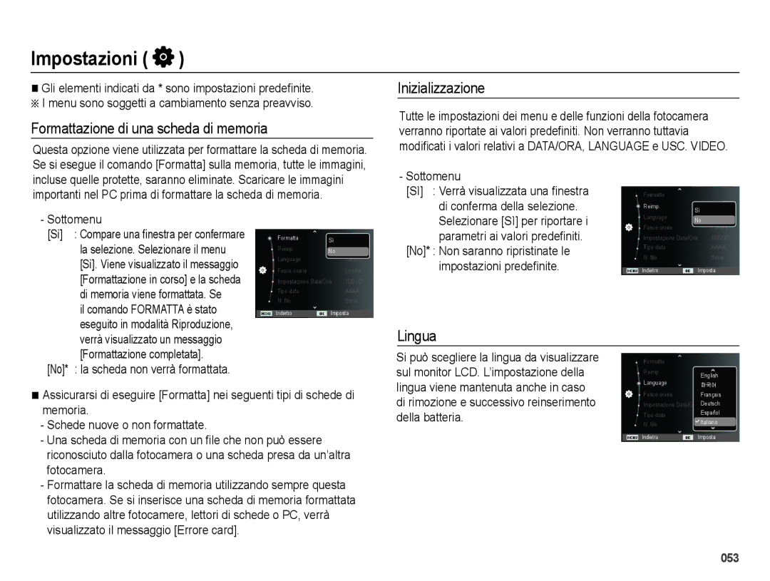 Samsung EC-ES75ZZBPSIT, EC-ES74ZZBDBE1 manual Impostazioni, Formattazione di una scheda di memoria, Inizializzazione, Lingua 