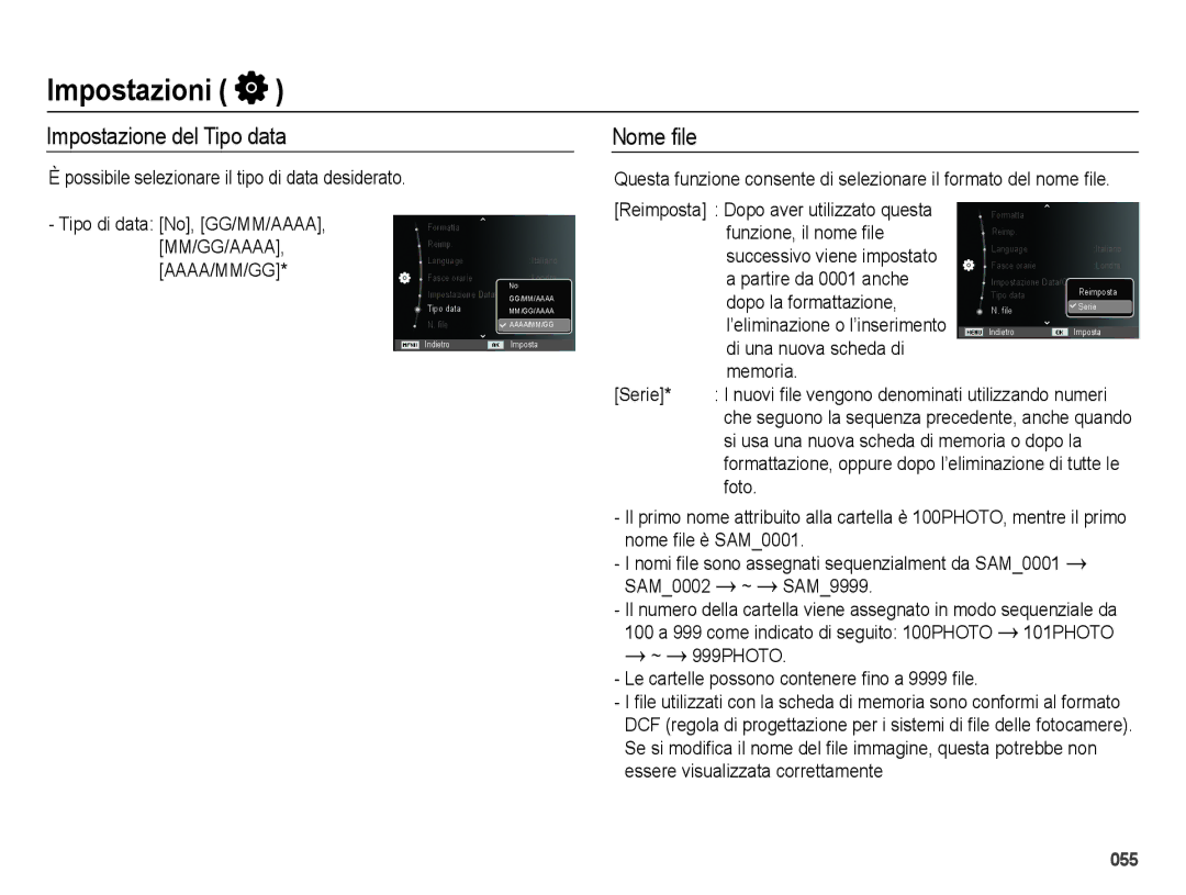 Samsung EC-ES75ZZBPOIT manual Impostazione del Tipo data Nome ﬁle, ~ 999PHOTO Le cartelle possono contenere ﬁno a 9999 ﬁle 