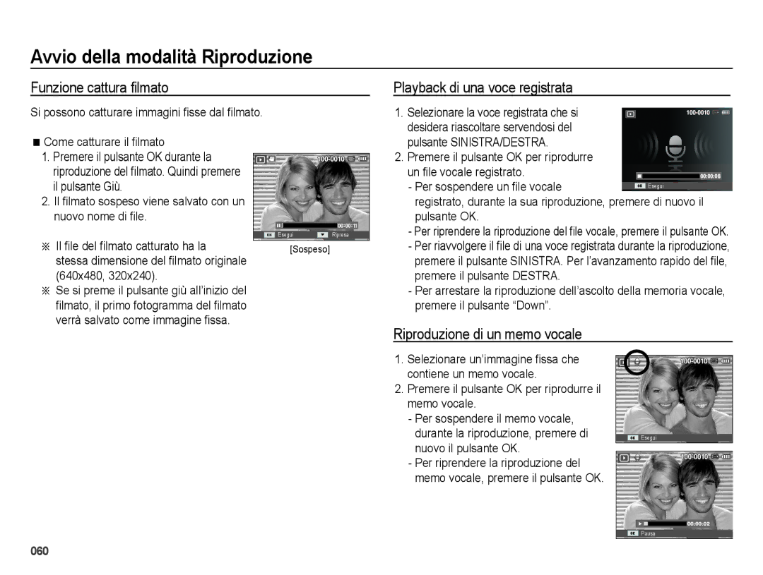 Samsung EC-ES75ZZBPOIT manual Funzione cattura ﬁlmato, Playback di una voce registrata, Riproduzione di un memo vocale 