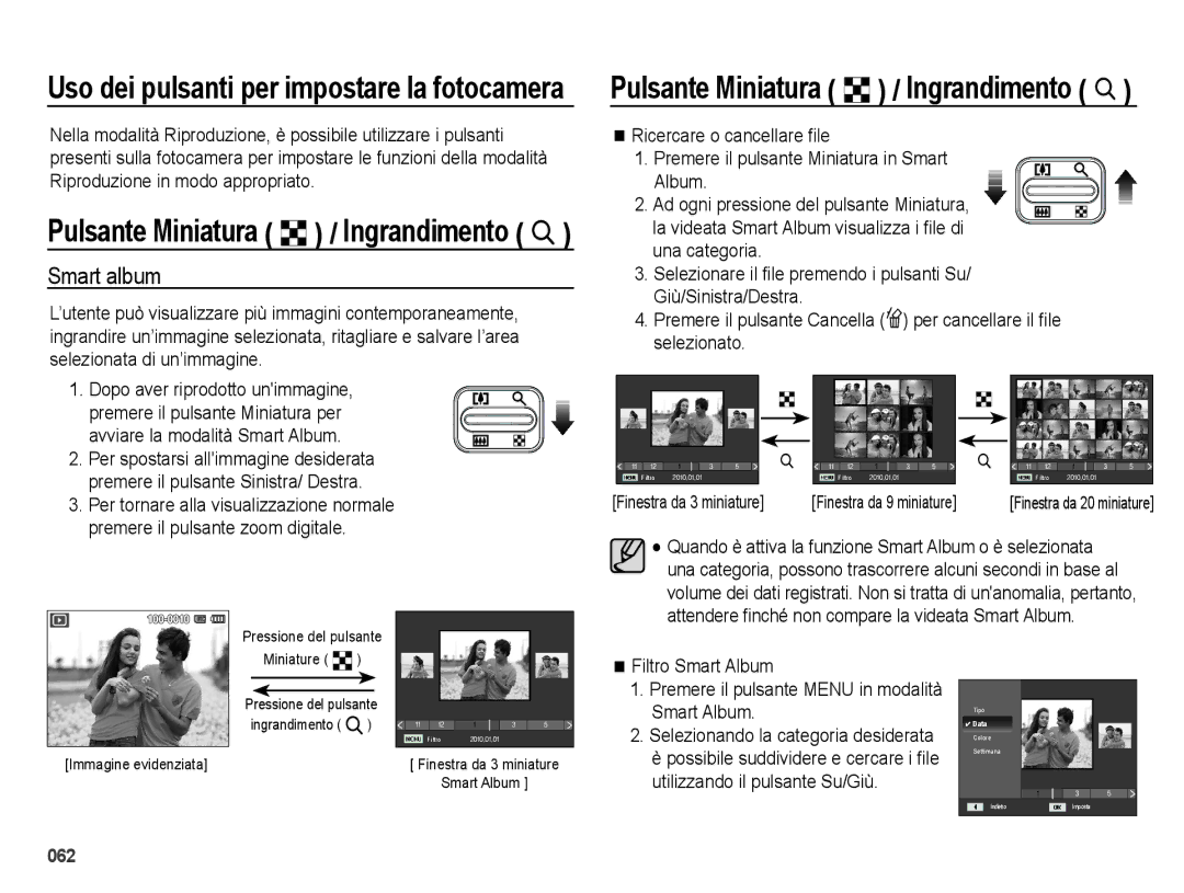 Samsung EC-ES75ZZBPUIT, EC-ES74ZZBDBE1, EC-ES75ZZBPOIT manual Uso dei pulsanti per impostare la fotocamera, Smart album 