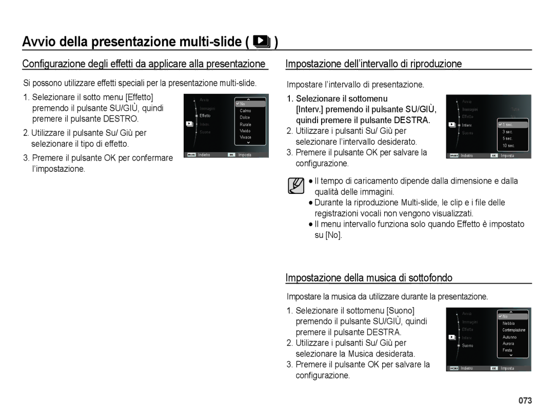 Samsung EC-ES75ZZBPSIT manual Impostazione dell’intervallo di riproduzione, Impostazione della musica di sottofondo 