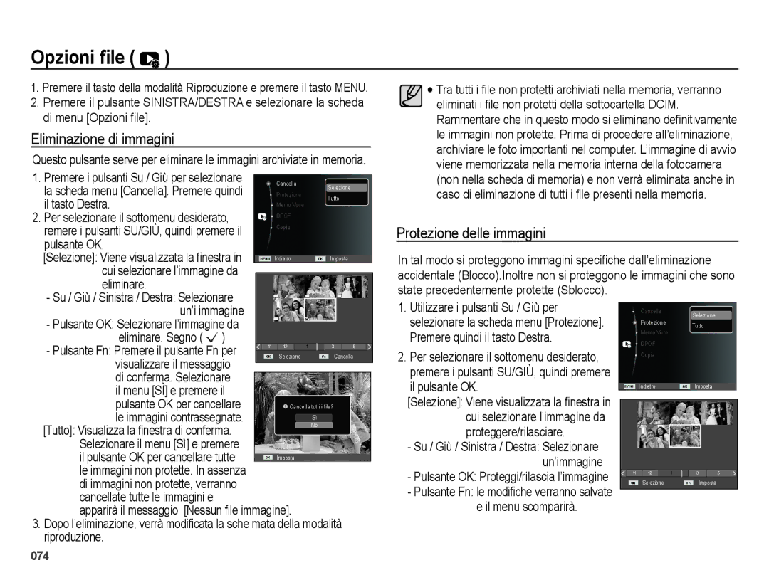 Samsung EC-ES74ZZBDBE1 manual Opzioni ﬁle, Eliminazione di immagini, Protezione delle immagini, Eliminare. Segno Ë 