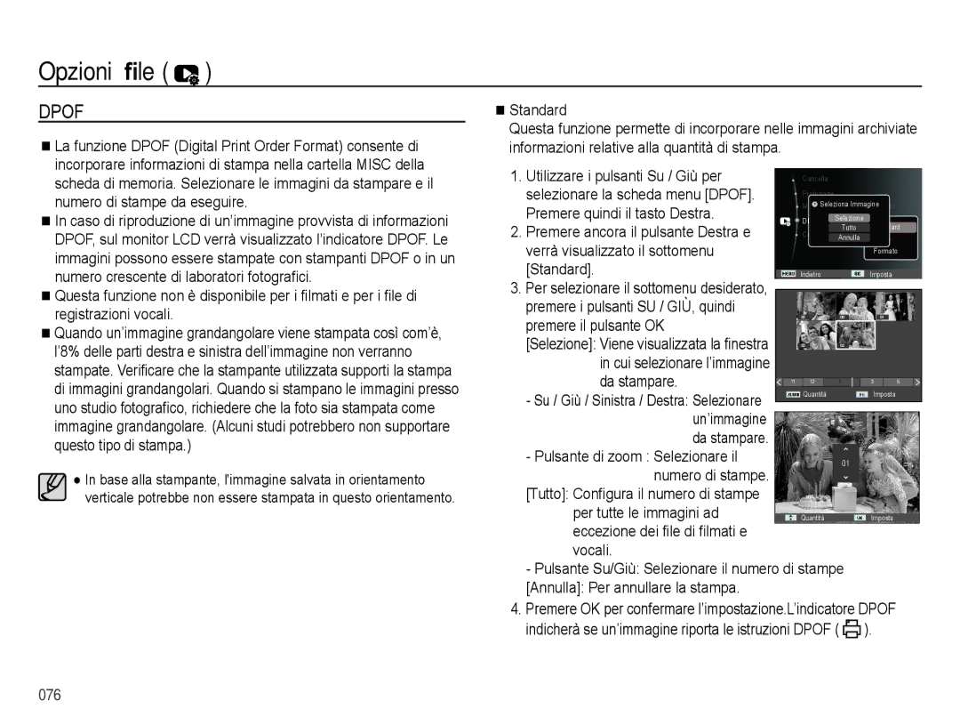 Samsung EC-ES75ZZBPBIT, EC-ES74ZZBDBE1, EC-ES75ZZBPOIT, EC-ES75ZZBPUIT, EC-ES75ZZBPSIT manual Dpof, Standard 