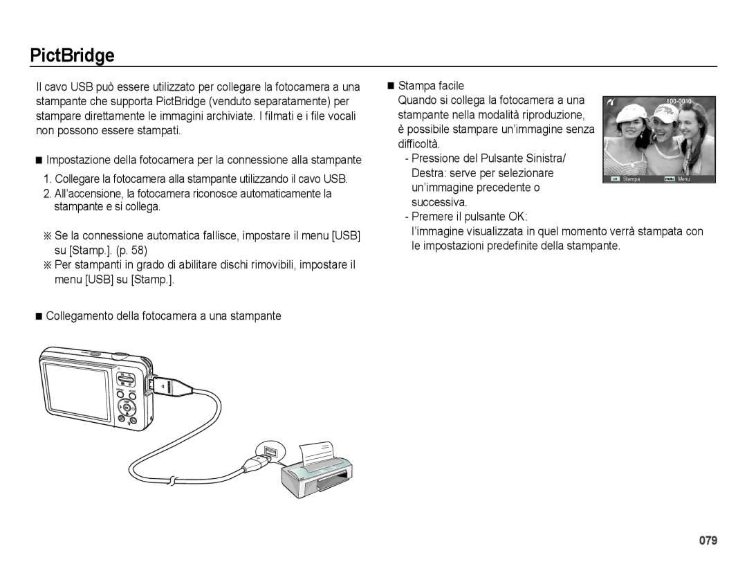 Samsung EC-ES74ZZBDBE1, EC-ES75ZZBPOIT manual PictBridge, Un’immagine precedente o, Successiva Premere il pulsante OK 