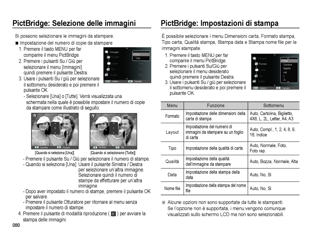 Samsung EC-ES75ZZBPOIT manual PictBridge Selezione delle immagini, PictBridge Impostazioni di stampa, Immagini stampate 