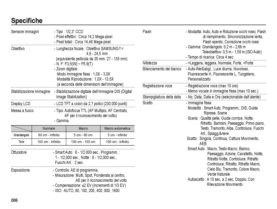 Samsung EC-ES75ZZBPBIT, EC-ES74ZZBDBE1, EC-ES75ZZBPOIT, EC-ES75ZZBPUIT, EC-ES75ZZBPSIT manual Speciﬁche 