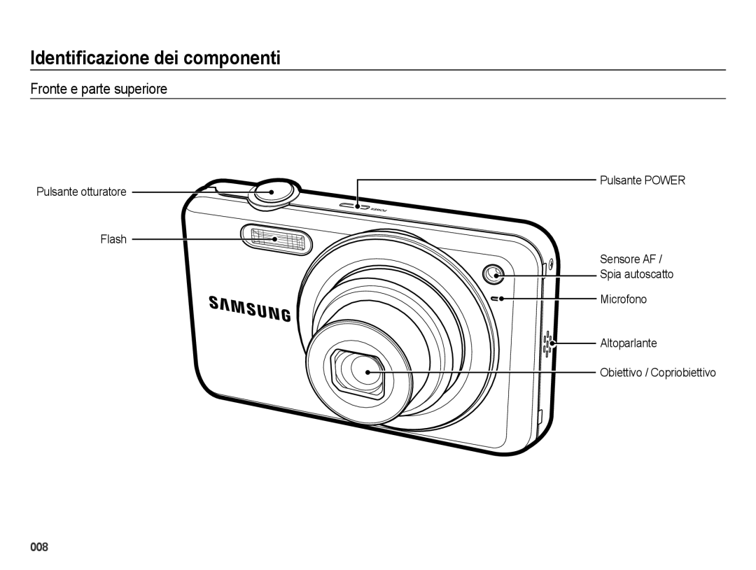 Samsung EC-ES75ZZBPSIT, EC-ES74ZZBDBE1, EC-ES75ZZBPOIT manual Identiﬁcazione dei componenti, Fronte e parte superiore 