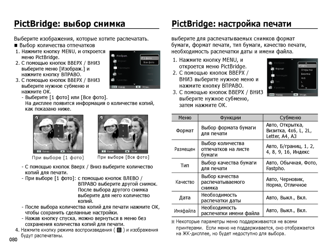 Samsung EC-ES75ZZBPSRU, EC-ES75ZZBPBE2, EC-ES75ZZBPBRU, EC-ES78ZZBPBRU PictBridge выбор снимка, PictBridge настройка печати 