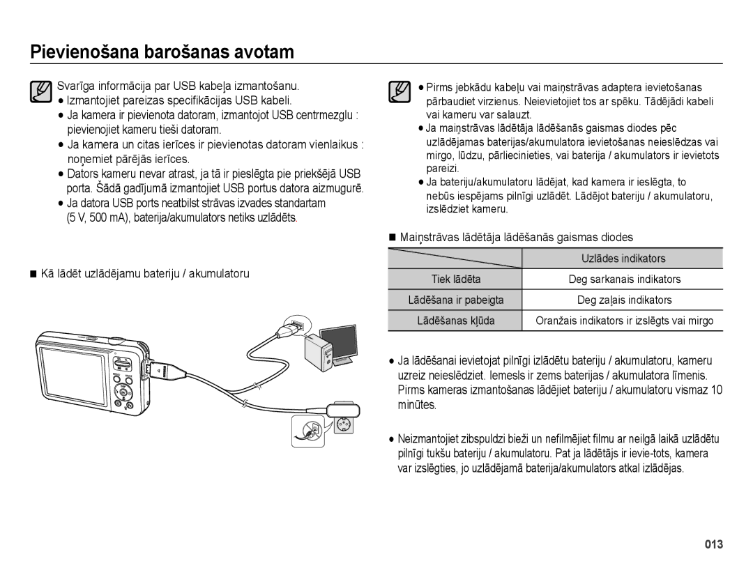 Samsung EC-ES75ZZBPBE2 manual Kā lādēt uzlādējamu bateriju / akumulatoru, Maiņstrāvas lādētāja lādēšanās gaismas diodes 