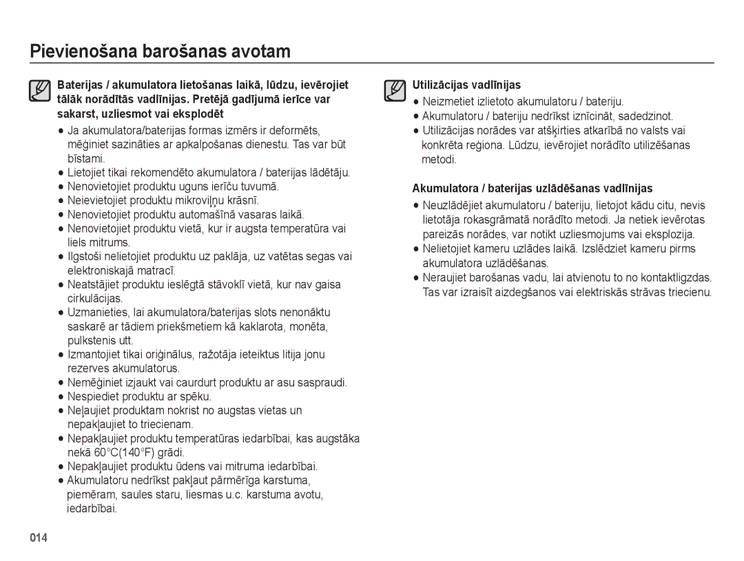 Samsung EC-ES75ZZBPBRU, EC-ES75ZZBPBE2 manual Utilizācijas vadlīnijas, Akumulatora / baterijas uzlādēšanas vadlīnijas 