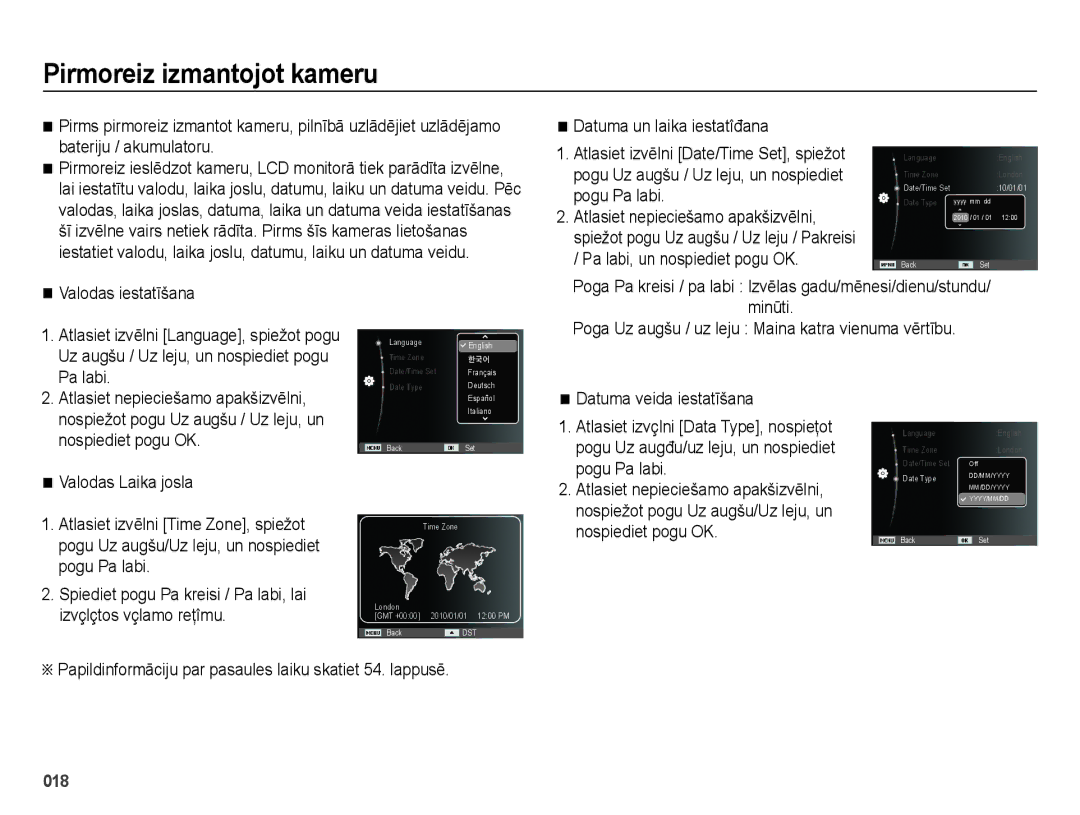 Samsung EC-ES75ZZBPBRU, EC-ES75ZZBPBE2 manual Pirmoreiz izmantojot kameru 