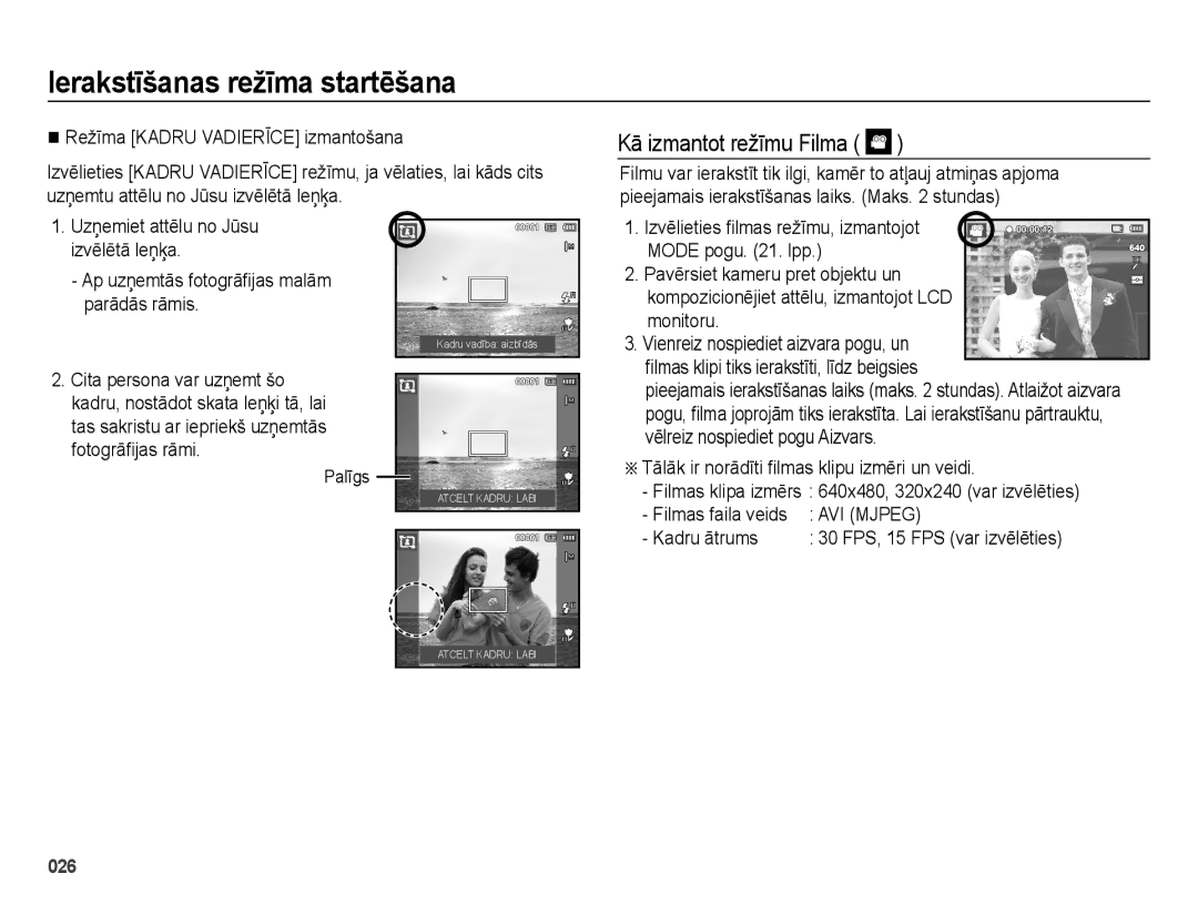 Samsung EC-ES75ZZBPBRU, EC-ES75ZZBPBE2 manual Kā izmantot režīmu Filma, Kadru ātrums, Palīgs, Filmas faila veids 