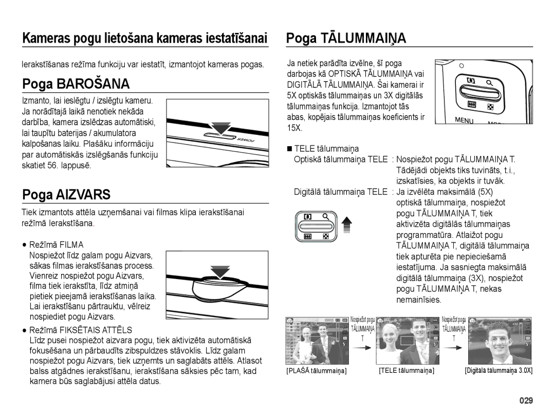 Samsung EC-ES75ZZBPBE2 manual Kameras pogu lietošana kameras iestatīšanai Poga Tālummaiņa, Poga Barošana, Poga Aizvars 