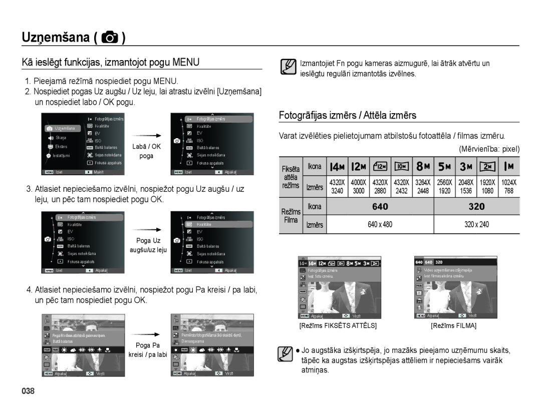 Samsung EC-ES75ZZBPBRU Kā ieslēgt funkcijas, izmantojot pogu Menu, Fotogrāfijas izmērs / Attēla izmērs, 2880, 1920, 768 