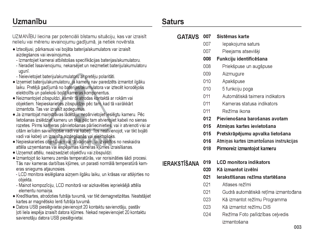 Samsung EC-ES75ZZBPBE2, EC-ES75ZZBPBRU manual Uzmanību Saturs, Sistēmas karte, Funkciju identificēšana 