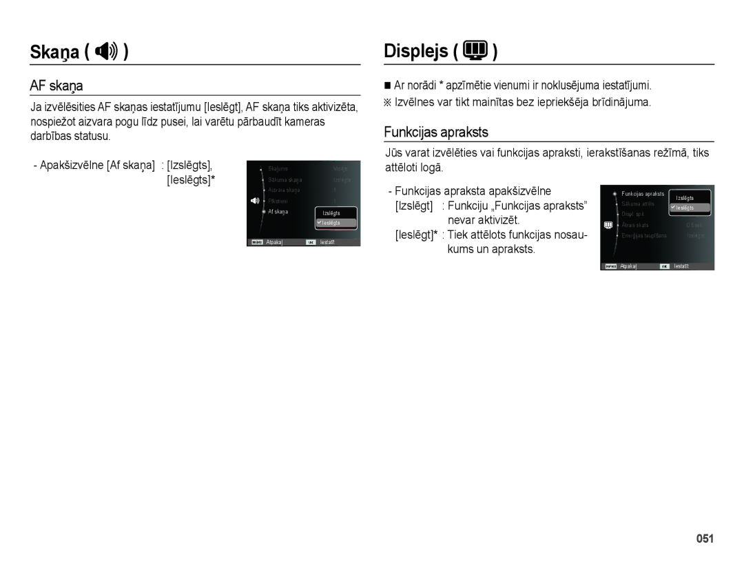 Samsung EC-ES75ZZBPBE2, EC-ES75ZZBPBRU manual Displejs, AF skaņa, Funkcijas apraksts 