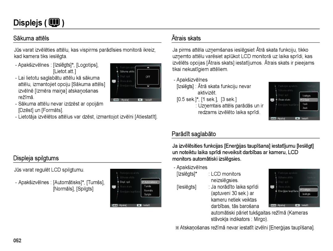 Samsung EC-ES75ZZBPBRU, EC-ES75ZZBPBE2 manual Sākuma attēls, Ātrais skats, Displeja spilgtums, Parādīt saglabāto 