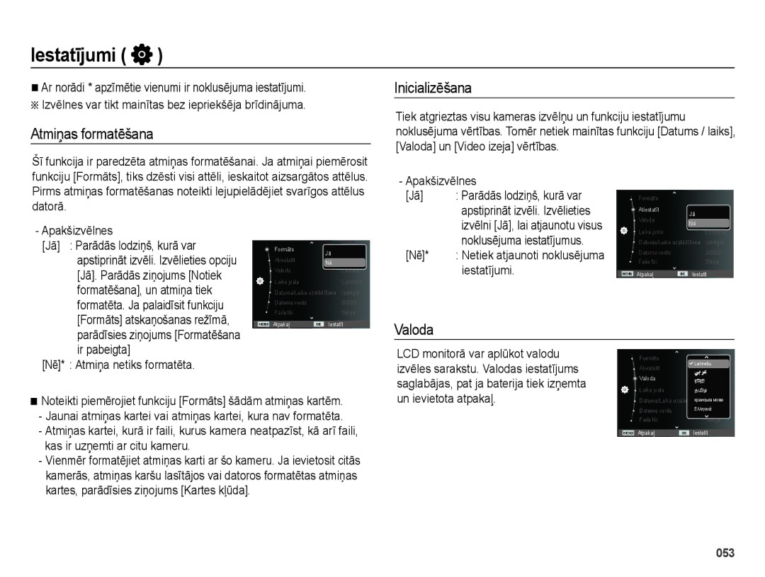 Samsung EC-ES75ZZBPBE2, EC-ES75ZZBPBRU manual Iestatījumi, Atmiņas formatēšana Inicializēšana, Valoda 