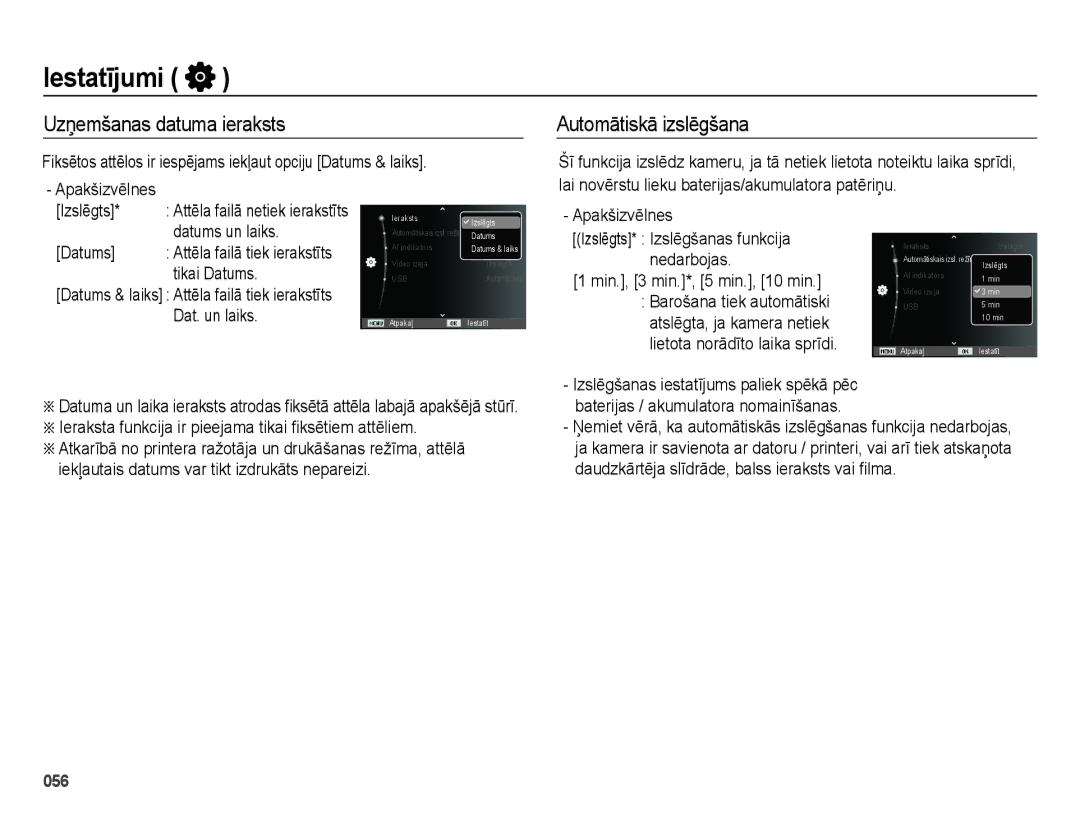 Samsung EC-ES75ZZBPBRU, EC-ES75ZZBPBE2 manual Uzņemšanas datuma ieraksts, Automātiskā izslēgšana 