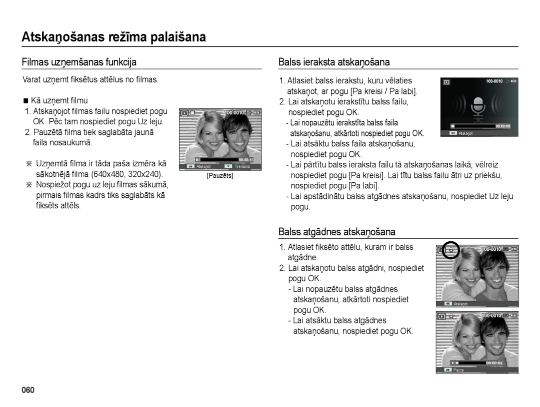 Samsung EC-ES75ZZBPBRU, EC-ES75ZZBPBE2 Filmas uzņemšanas funkcija Balss ieraksta atskaņošana, Balss atgādnes atskaņošana 