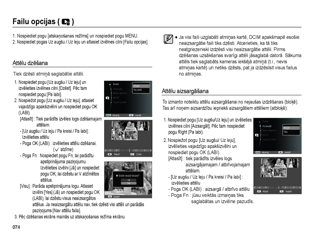 Samsung EC-ES75ZZBPBRU, EC-ES75ZZBPBE2 manual Failu opcijas, Attēlu dzēšana, Attēlu aizsargāšana 