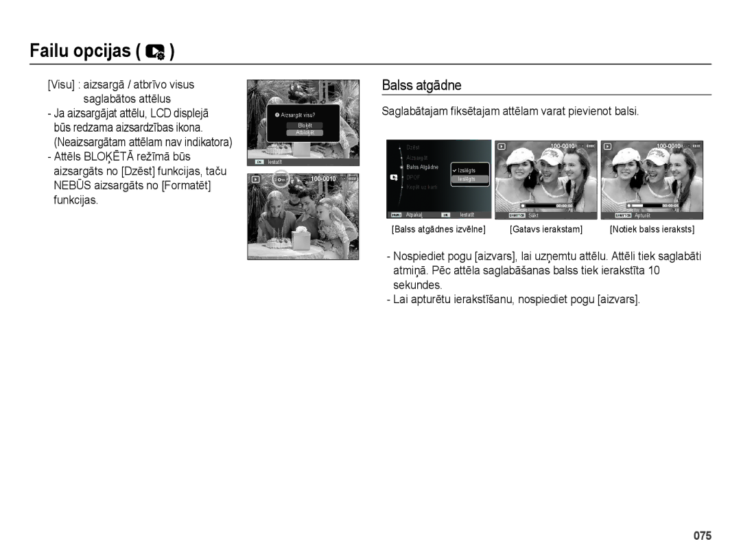 Samsung EC-ES75ZZBPBE2 manual Balss atgādne, Funkcijas, Ja aizsargājat attēlu, LCD displejā, Būs redzama aizsardzības ikona 