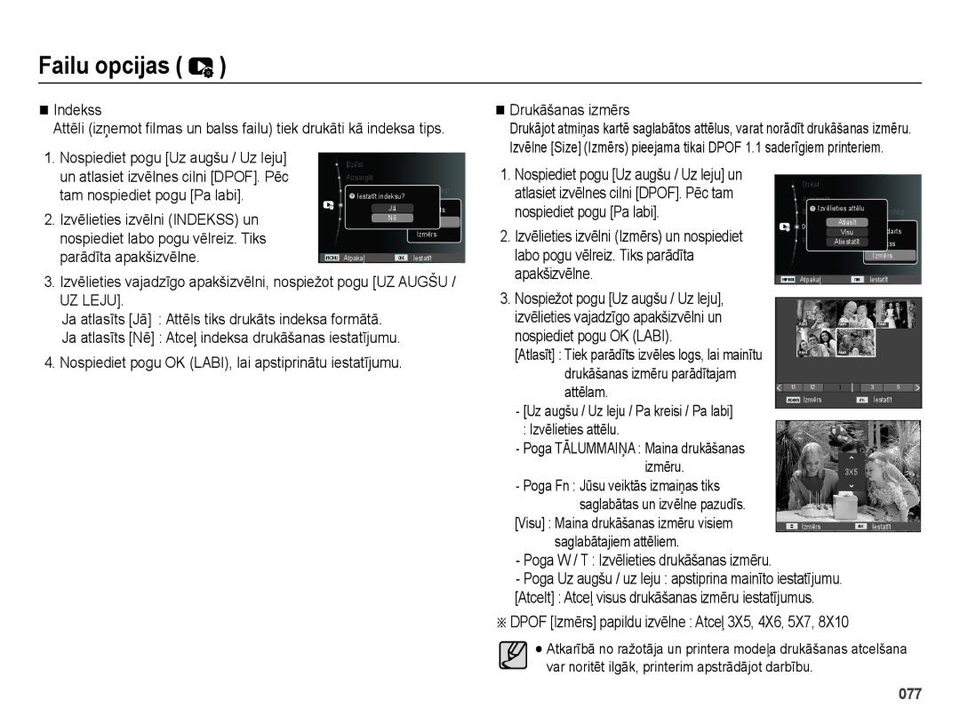 Samsung EC-ES75ZZBPBE2, EC-ES75ZZBPBRU Indekss, Drukāšanas izmērs, Nospiediet pogu OK Labi, Izmēru, Saglabātajiem attēliem 