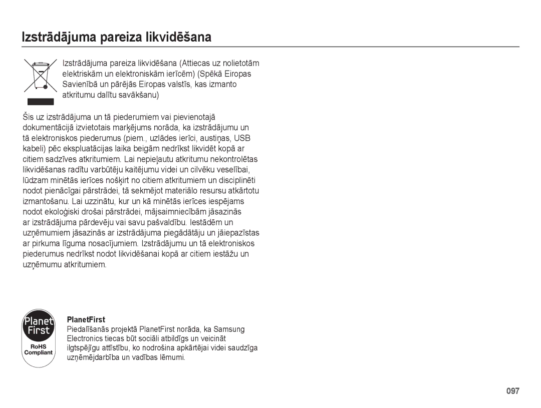 Samsung EC-ES75ZZBPBE2, EC-ES75ZZBPBRU manual Izstrādājuma pareiza likvidēšana, PlanetFirst 