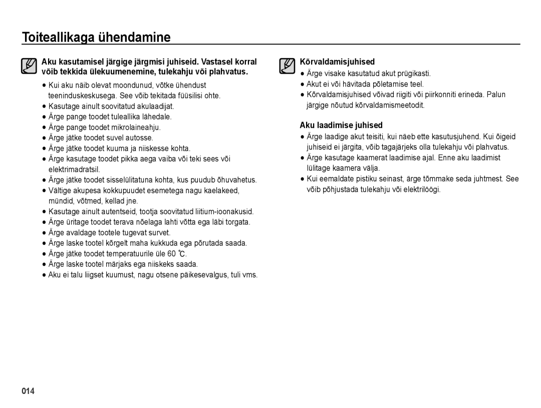 Samsung EC-ES75ZZBPBRU, EC-ES75ZZBPBE2 manual Kõrvaldamisjuhised, Aku laadimise juhised 