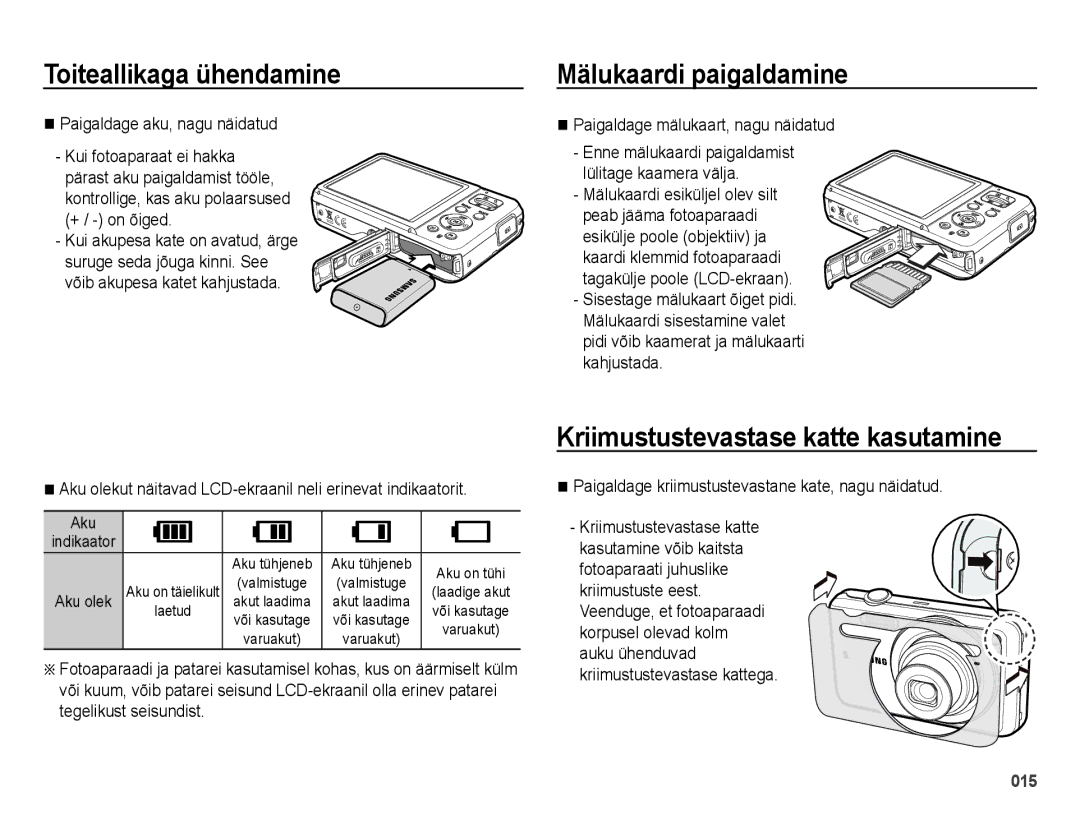 Samsung EC-ES75ZZBPBE2, EC-ES75ZZBPBRU manual Mälukaardi paigaldamine, Kriimustustevastase katte kasutamine 