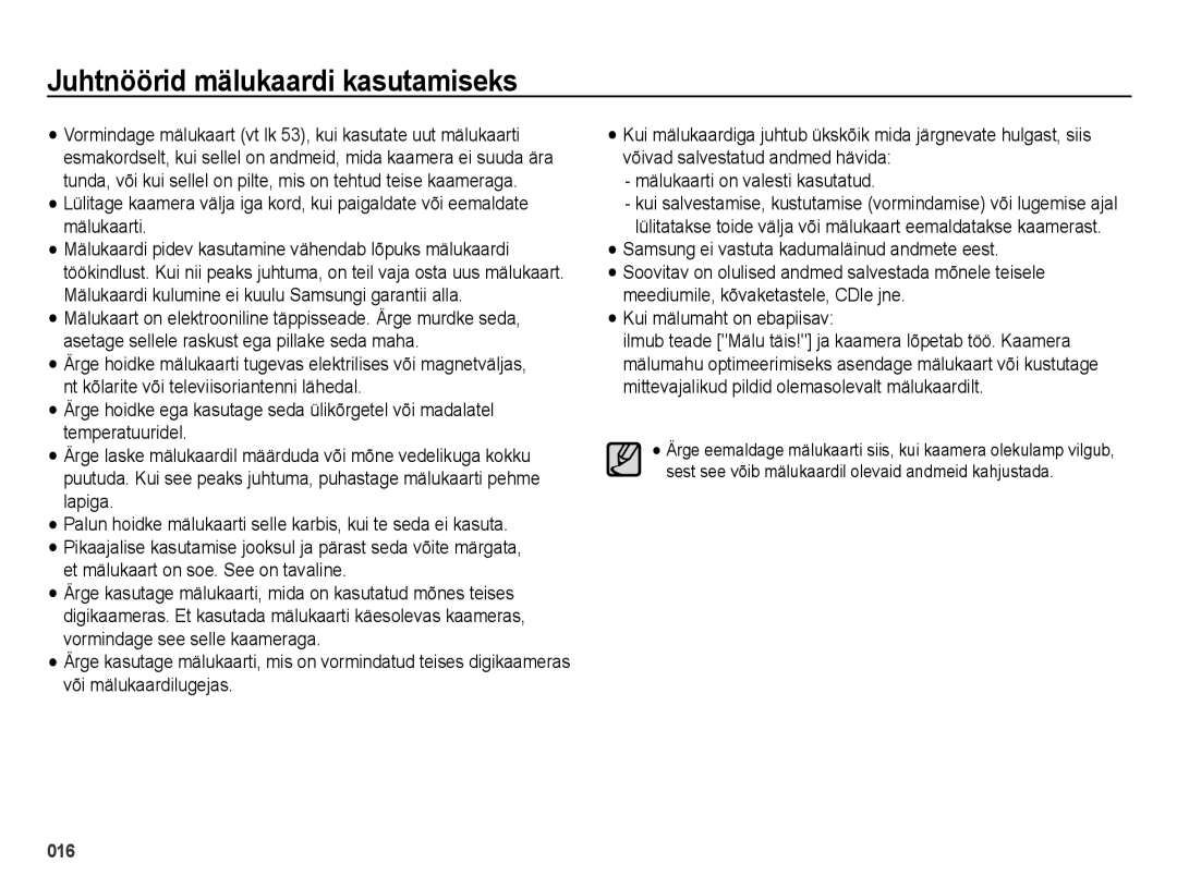 Samsung EC-ES75ZZBPBRU, EC-ES75ZZBPBE2 manual Juhtnöörid mälukaardi kasutamiseks, Kui mälumaht on ebapiisav 