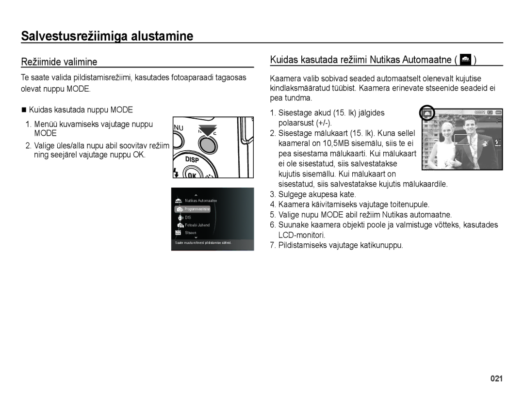 Samsung EC-ES75ZZBPBE2 manual Salvestusrežiimiga alustamine, Režiimide valimine, Kuidas kasutada režiimi Nutikas Automaatne 