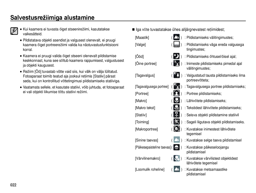 Samsung EC-ES75ZZBPBRU, EC-ES75ZZBPBE2 manual Iga vőte tuvastatakse ühes alljärgnevatest reţiimidest 