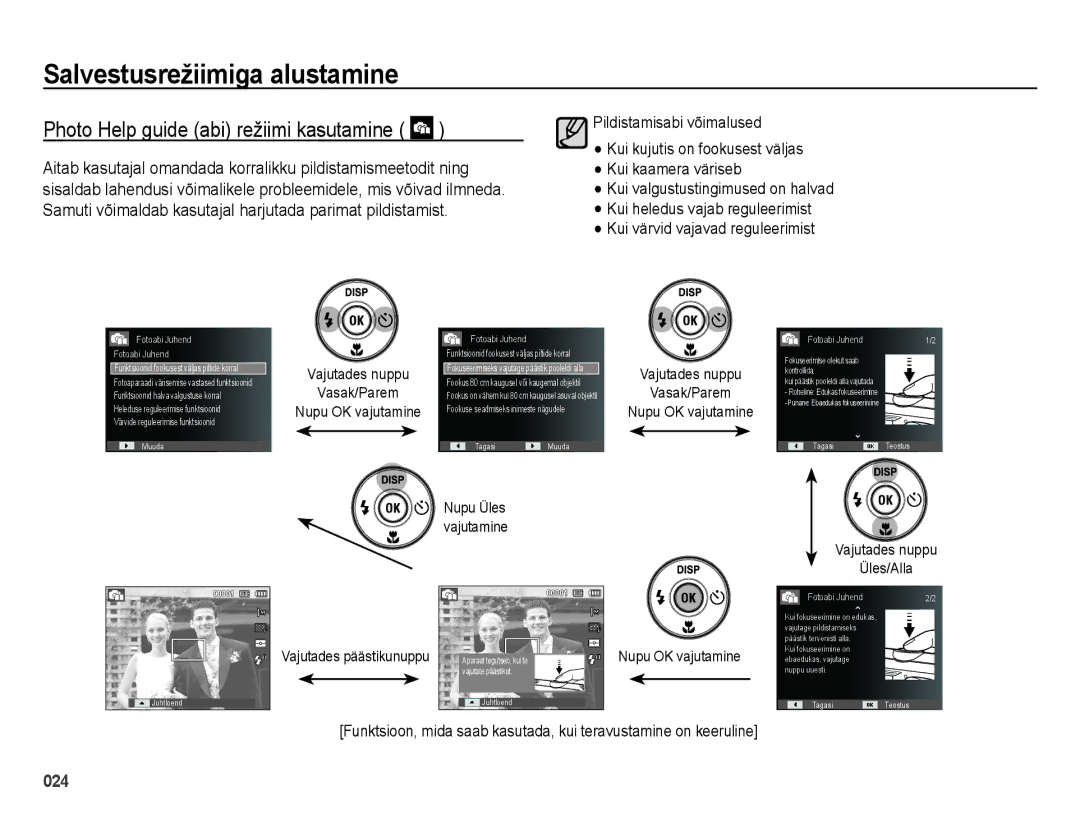 Samsung EC-ES75ZZBPBRU Photo Help guide abi režiimi kasutamine, Vajutades nuppu Vasak/Parem, Vajutades nuppu Üles/Alla 