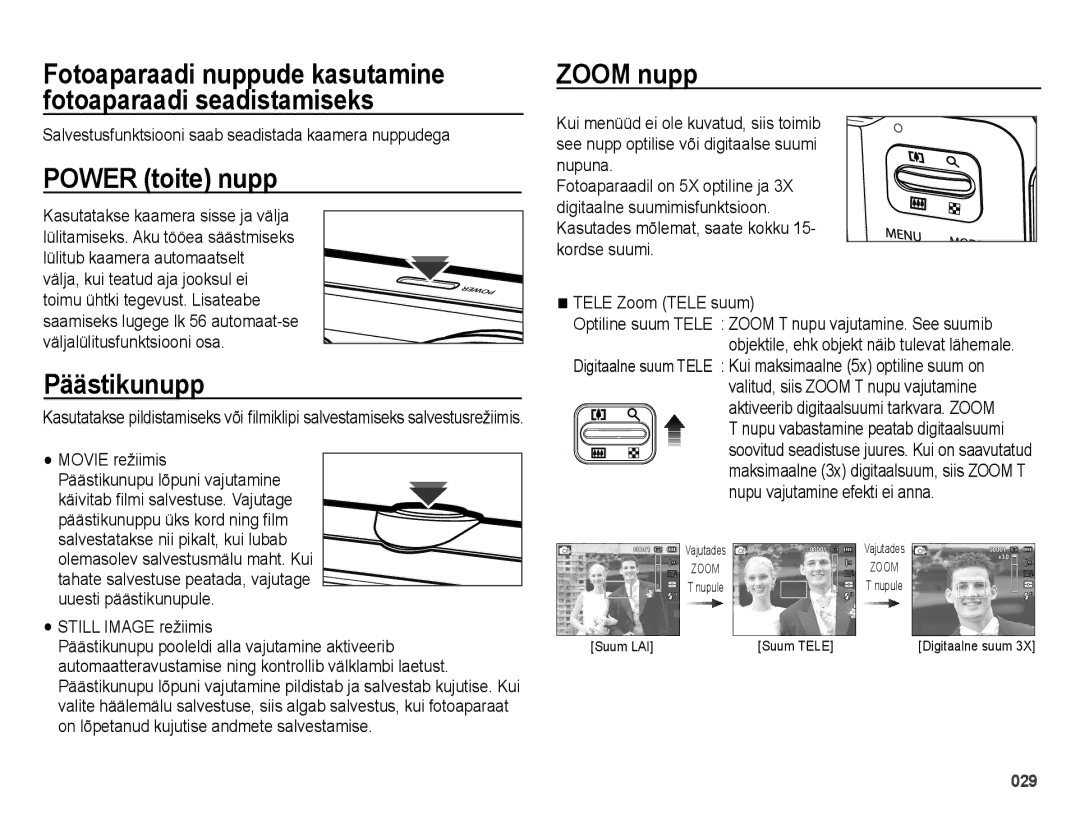 Samsung EC-ES75ZZBPBE2, EC-ES75ZZBPBRU manual Power toite nupp, Päästikunupp, Zoom nupp 