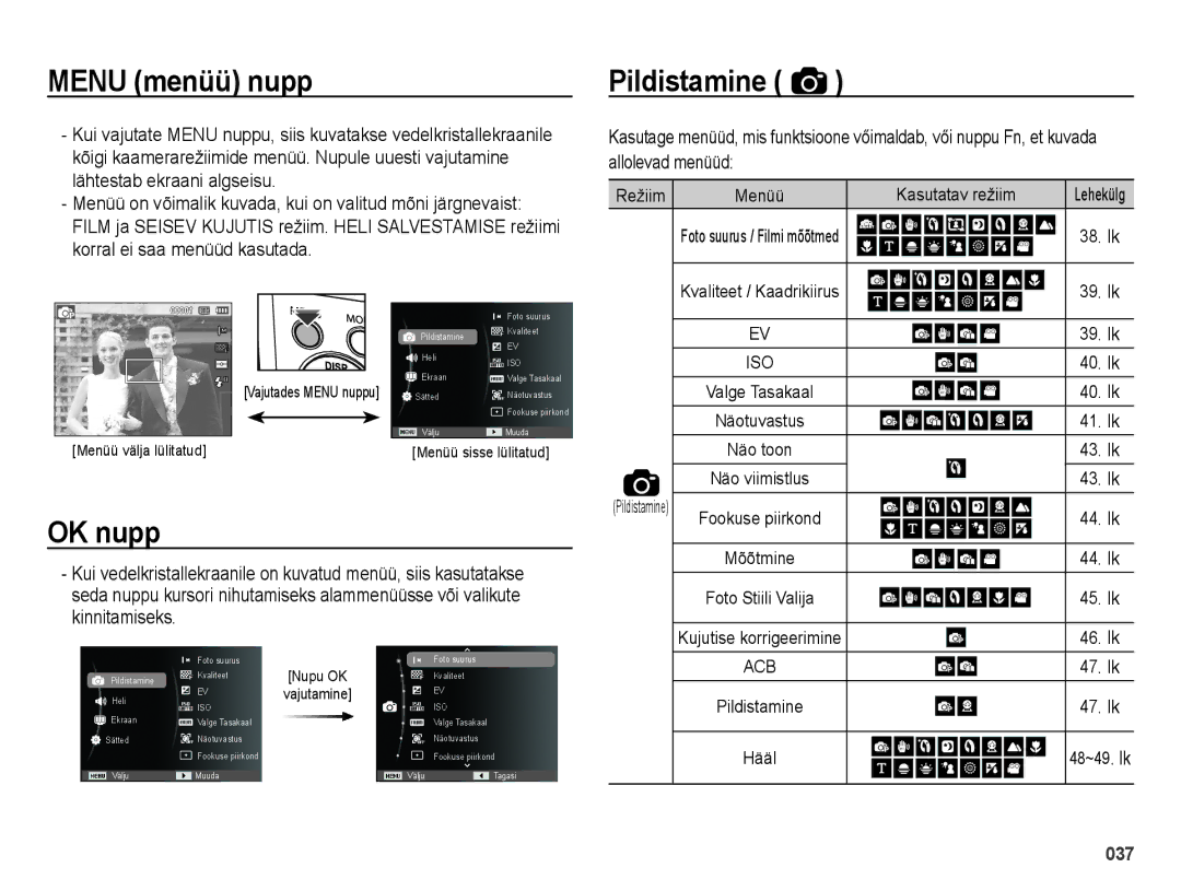 Samsung EC-ES75ZZBPBE2 manual Menu menüü nupp Pildistamine, Menüü on võimalik kuvada, kui on valitud mõni järgnevaist 