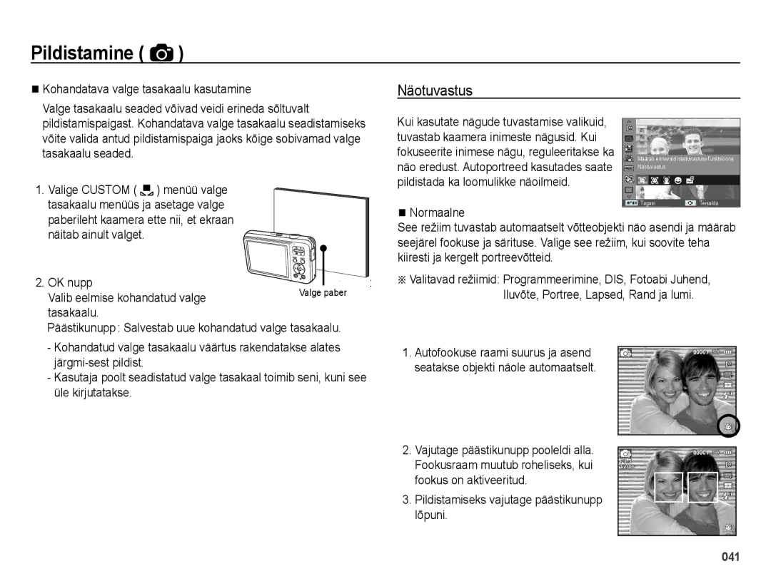 Samsung EC-ES75ZZBPBE2, EC-ES75ZZBPBRU manual Näitab ainult valget OK nupp Valib eelmise kohandatud valge 