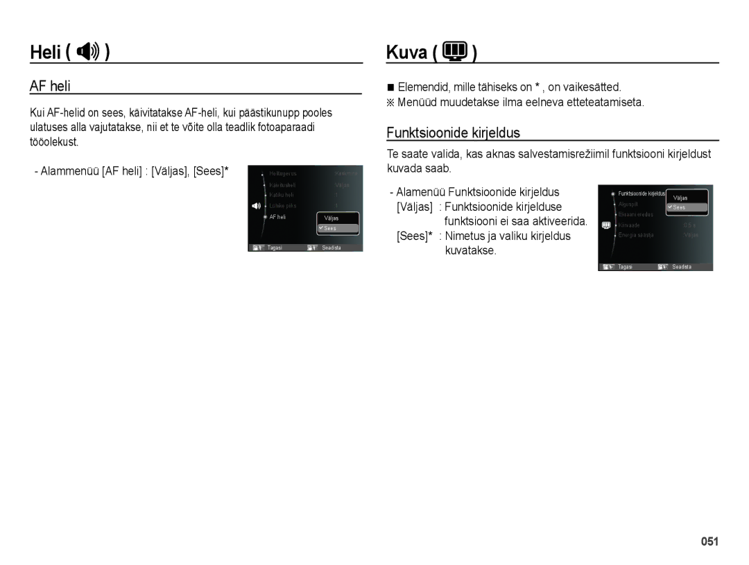 Samsung EC-ES75ZZBPBE2, EC-ES75ZZBPBRU manual AF heli, Funktsioonide kirjeldus, Kuvatakse 