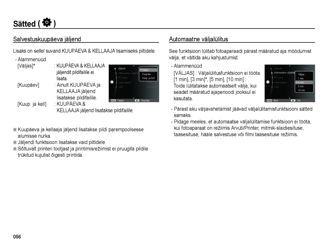 Samsung EC-ES75ZZBPBRU, EC-ES75ZZBPBE2 manual Salvestuskuupäeva jäljend, Automaatne väljalülitus 