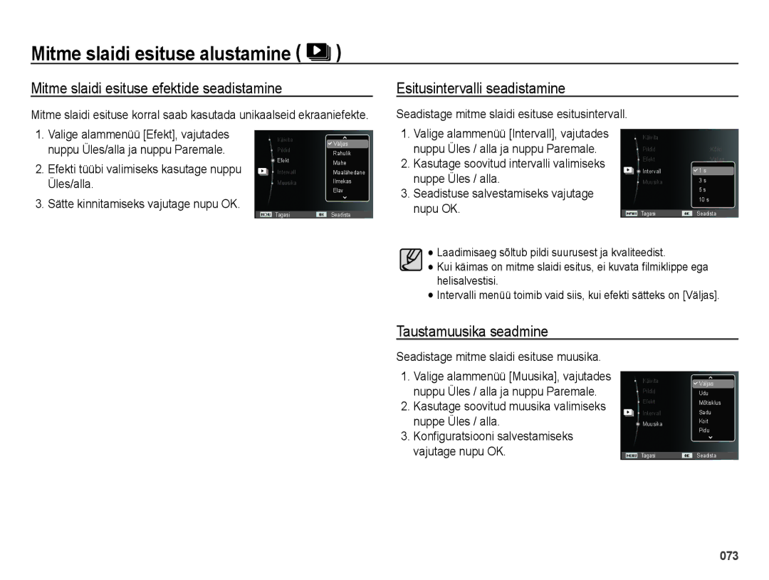 Samsung EC-ES75ZZBPBE2 Mitme slaidi esituse efektide seadistamine, Esitusintervalli seadistamine, Taustamuusika seadmine 