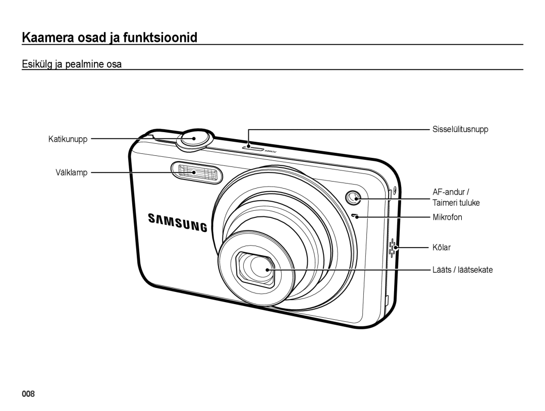 Samsung EC-ES75ZZBPBRU, EC-ES75ZZBPBE2 manual Kaamera osad ja funktsioonid, Esikülg ja pealmine osa 