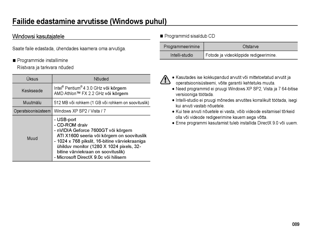 Samsung EC-ES75ZZBPBE2 manual Failide edastamine arvutisse Windows puhul, Windowsi kasutajatele, Programmid sisaldub CD 