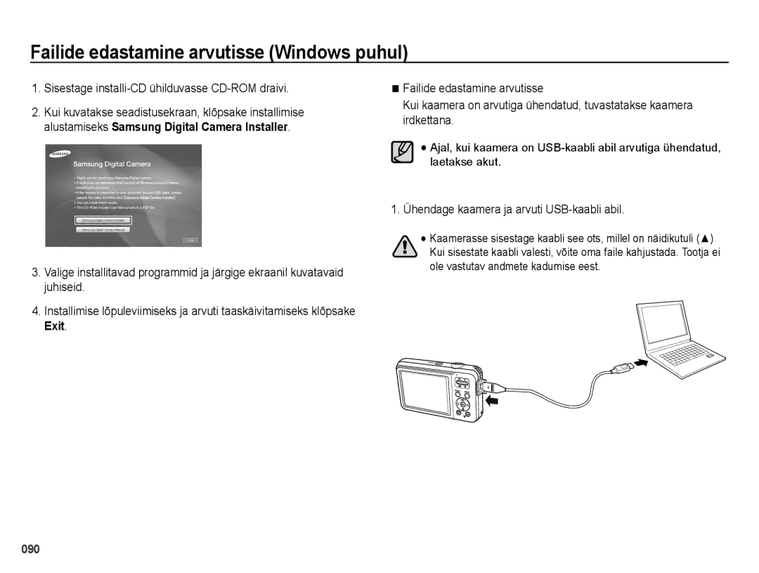 Samsung EC-ES75ZZBPBRU manual Sisestage installi-CD ühilduvasse CD-ROM draivi, Ühendage kaamera ja arvuti USB-kaabli abil 