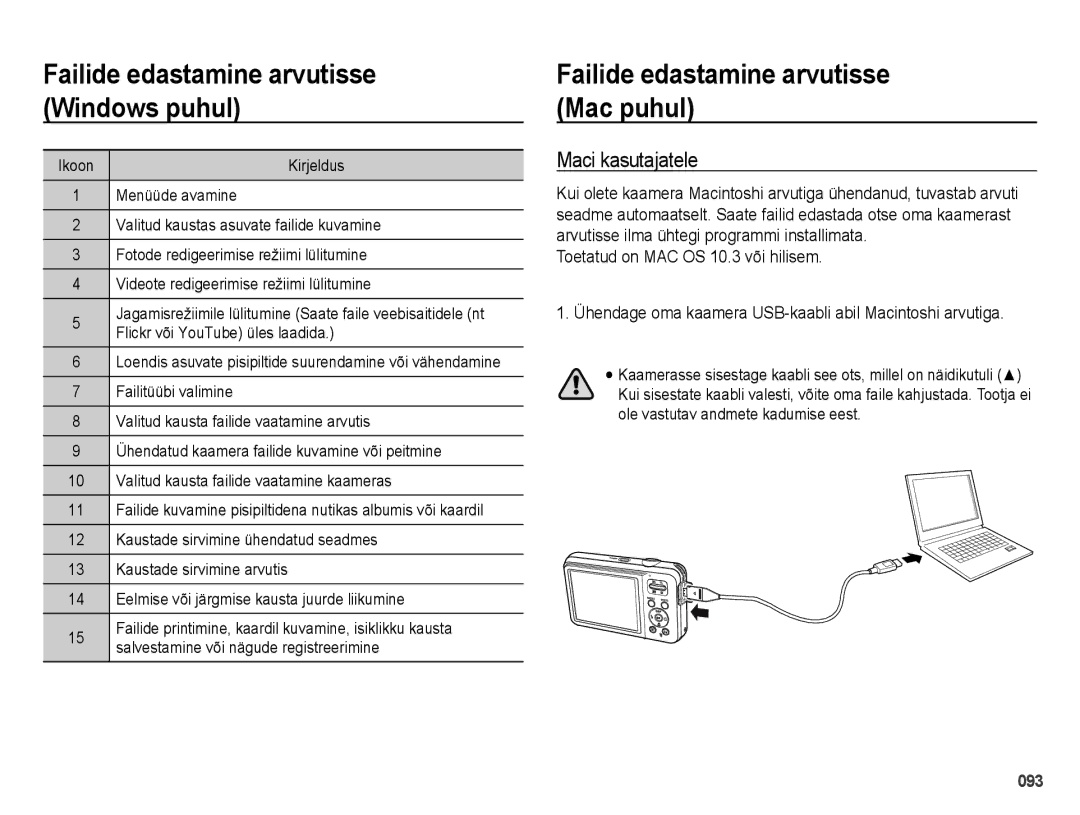 Samsung EC-ES75ZZBPBE2 Failide edastamine arvutisse Mac puhul, Maci kasutajatele, Toetatud on MAC OS 10.3 või hilisem 