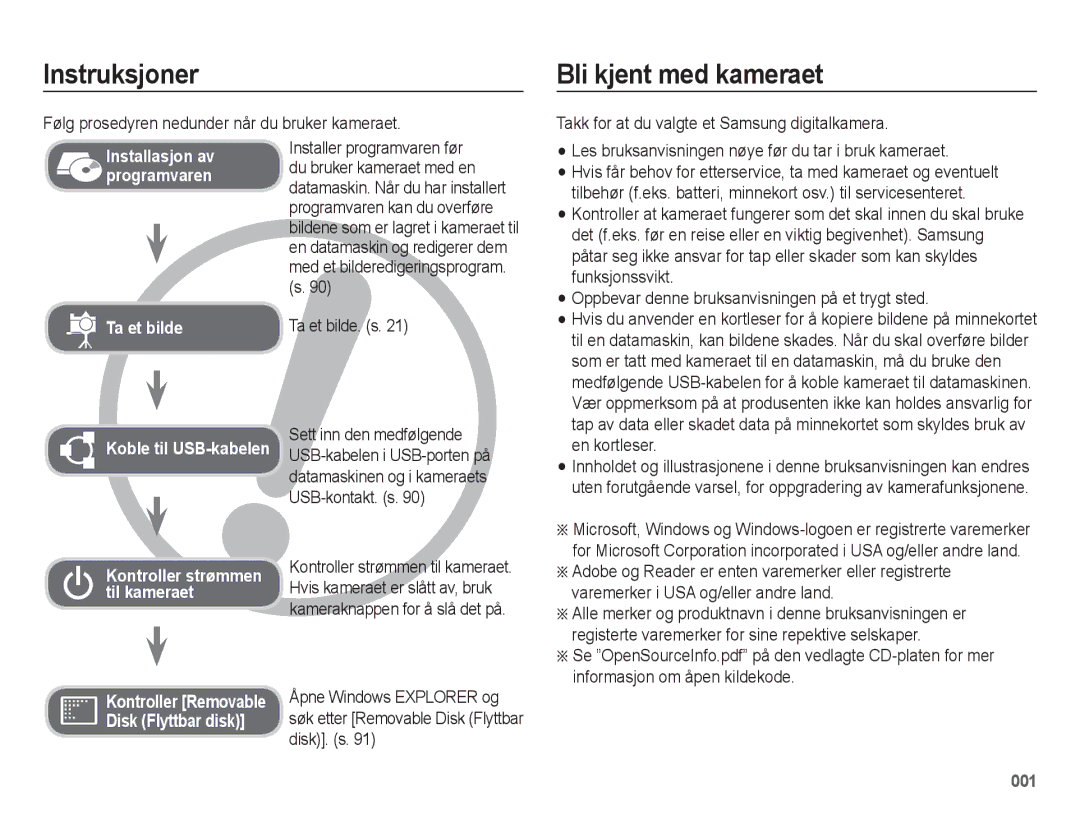 Samsung EC-ES75ZZBPBE2 manual Instruksjoner, Bli kjent med kameraet 