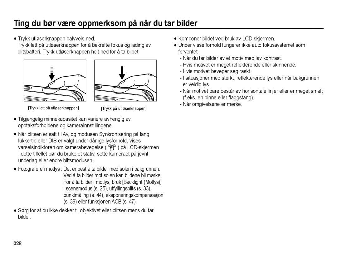 Samsung EC-ES75ZZBPBE2 manual Ting du bør være oppmerksom på når du tar bilder 