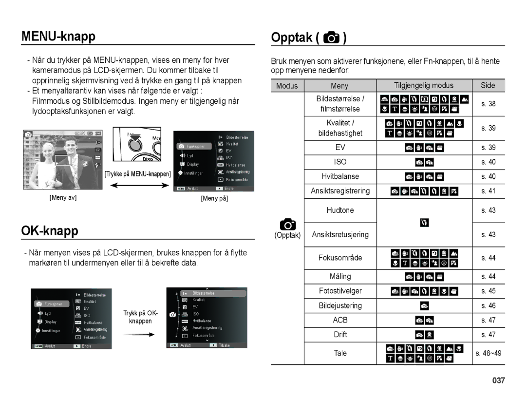 Samsung EC-ES75ZZBPBE2 manual MENU-knapp, OK-knapp, Opptak, Tilgjengelig modus 