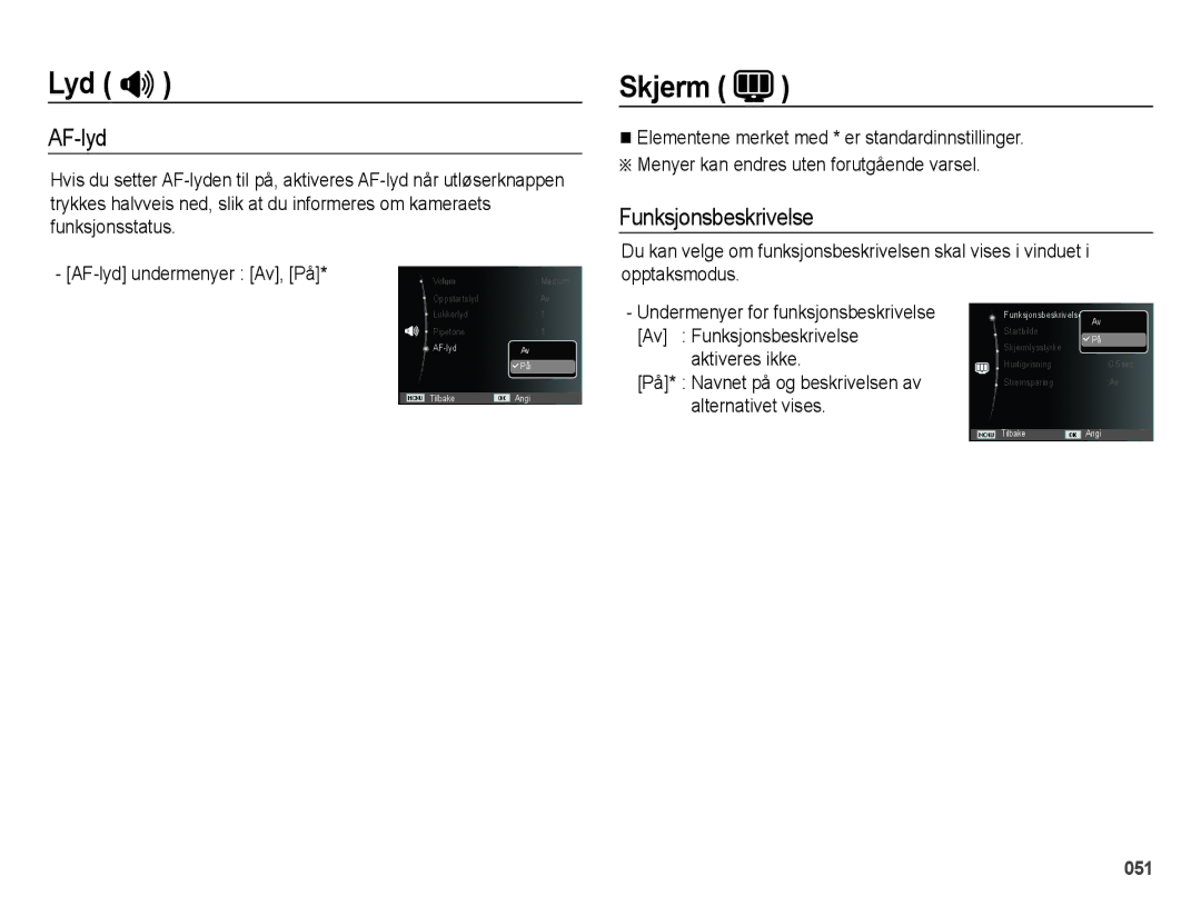 Samsung EC-ES75ZZBPBE2 manual Skjerm, AF-lyd, Funksjonsbeskrivelse 