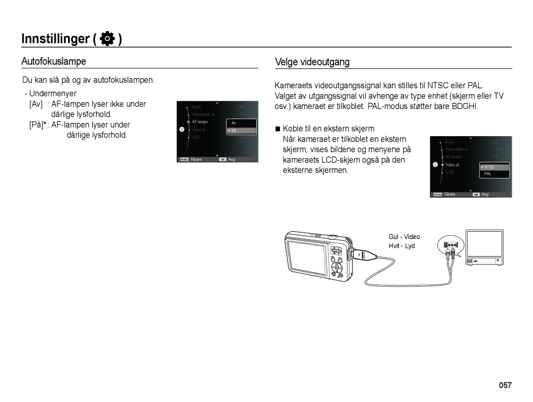 Samsung EC-ES75ZZBPBE2 manual Autofokuslampe Velge videoutgang, Koble til en ekstern skjerm, Eksterne skjermen 