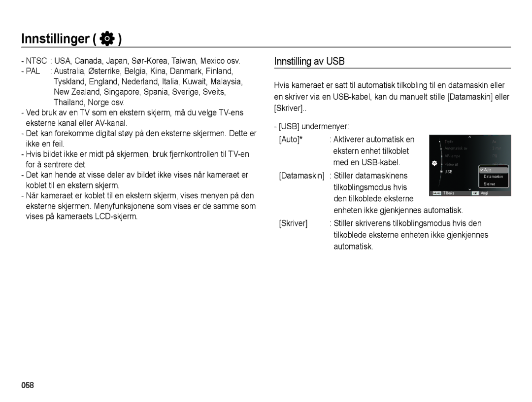 Samsung EC-ES75ZZBPBE2 manual Innstilling av USB 